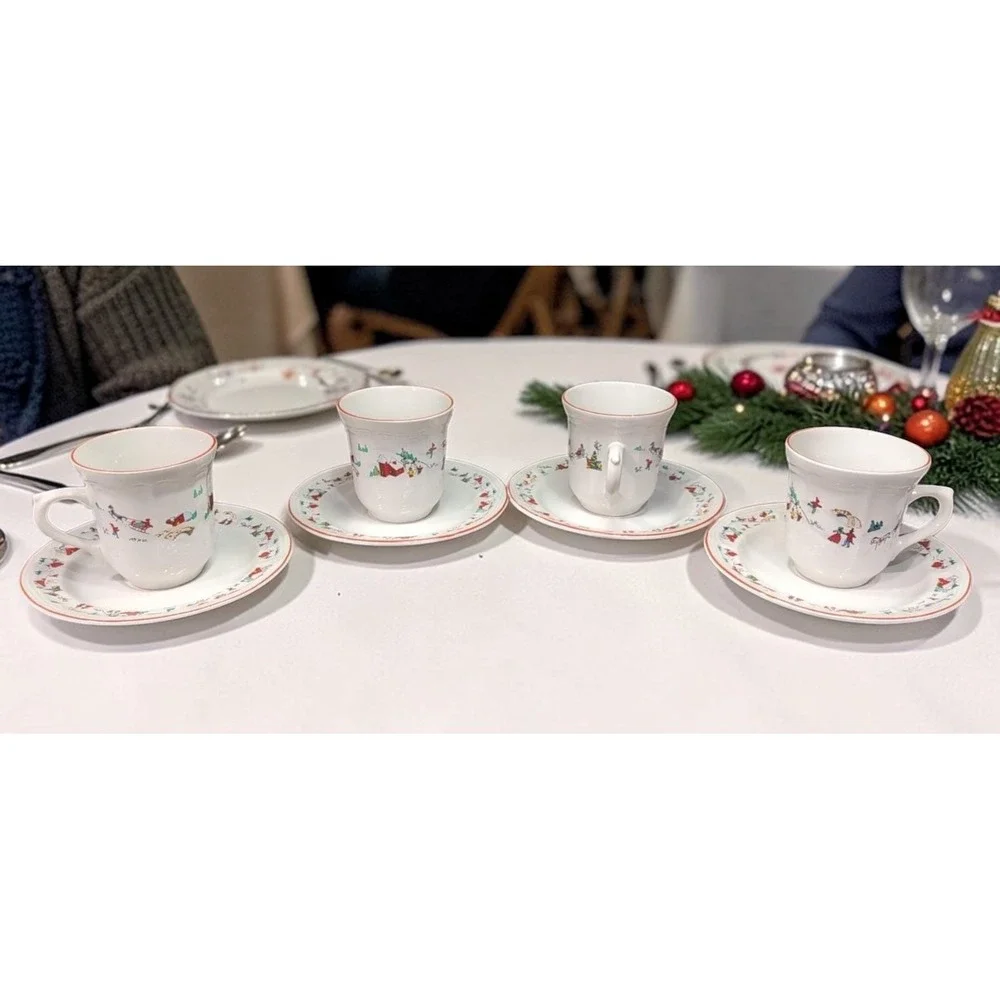 Farberware Babanovsky White Christmas Tea Cup & Saucers, 8 Piece Vintage Set